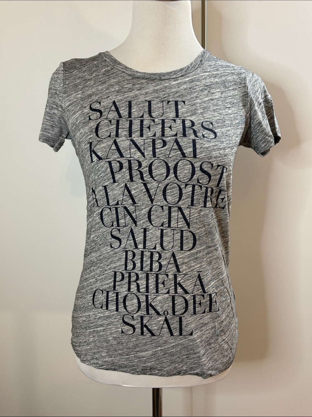 J. Crew Gray Short-Sleeve Tee with Multilingual Cheers Print Navy XS